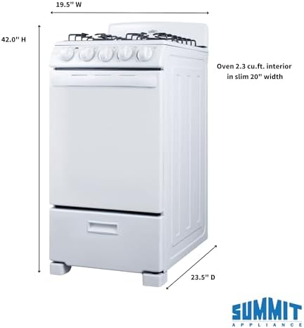 Summit 20” Gas Range, 4 Burners, White - RG200WS | 4 Sealed Burners, 2.3 cu.ft. Oven, ADA Compliant, Electronic Ignition