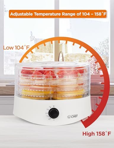 Commercial Chef Food Dehydrator, Five 9.25” BPA-Free Trays, CCD100W6, White | Dehydrates and Dries Meat, Fruit, Veggies and Jerky, 280W Dehydration Machine, Adjustable Thermostat
