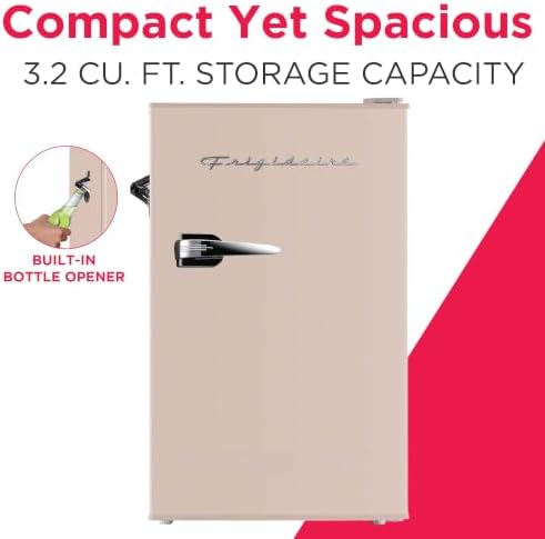 Frigidaire Retro Compact Fridge with Chiller, 3.2 cu ft Countertop Fridge with Built-In Bottle Opener, Compact Refrigerator for Office, Bedroom, Dorm Room or Cabin - 16.5" D x 19" W x 31" H (Coral)