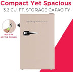 Frigidaire Retro Compact Fridge with Chiller, 3.2 cu ft Countertop Fridge with Built-In Bottle Opener, Compact Refrigerator for Office, Bedroom, Dorm Room or Cabin - 16.5" D x 19" W x 31" H (Coral)