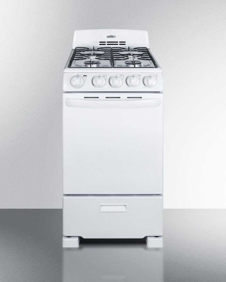 Summit 20” Gas Range, 4 Burners, White - RG200WS | 4 Sealed Burners, 2.3 cu.ft. Oven, ADA Compliant, Electronic Ignition