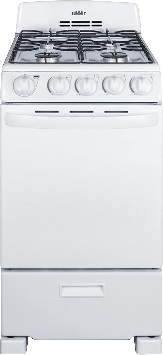 Summit 20” Gas Range, 4 Burners, White - RG200WS | 4 Sealed Burners, 2.3 cu.ft. Oven, ADA Compliant, Electronic Ignition