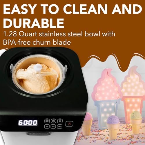 Whynter Ice Cream Maker with Compressor & Timer, 1.28 Qt, White, ICM-128WS | Built In Compressor, No Pre Freezing Needed, LCD Display and Timer, Fresh Homemade Frozen Treats, Trusted Whynter Quality