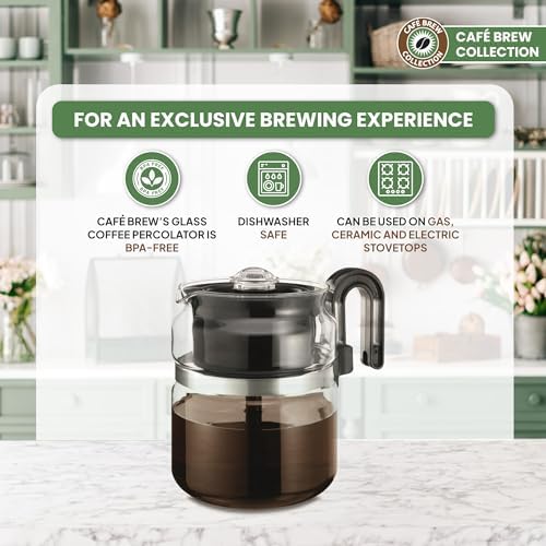 Café Brew Glass Coffee Percolator, Stovetop, 8 Cup, BPA-Free | 40 oz (8 cup) German borosilicate glass. Gas & electric stovetop safe. BPA-free. Includes heat diffuser.