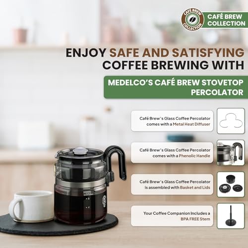 Café Brew Glass Coffee Percolator, Stovetop, 8 Cup, BPA-Free | 40 oz (8 cup) German borosilicate glass. Gas & electric stovetop safe. BPA-free. Includes heat diffuser.