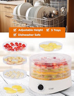 Commercial Chef Food Dehydrator, Five 9.25” BPA-Free Trays, CCD100W6, White | Dehydrates and Dries Meat, Fruit, Veggies and Jerky, 280W Dehydration Machine, Adjustable Thermostat
