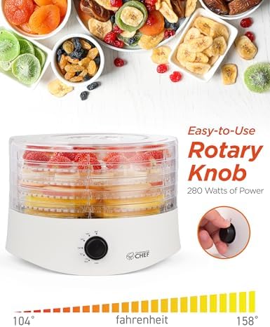 Commercial Chef Food Dehydrator, Five 9.25” BPA-Free Trays, CCD100W6, White | Dehydrates and Dries Meat, Fruit, Veggies and Jerky, 280W Dehydration Machine, Adjustable Thermostat