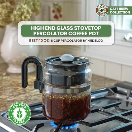 Café Brew Glass Coffee Percolator, Stovetop, 8 Cup, BPA-Free | 40 oz (8 cup) German borosilicate glass. Gas & electric stovetop safe. BPA-free. Includes heat diffuser.