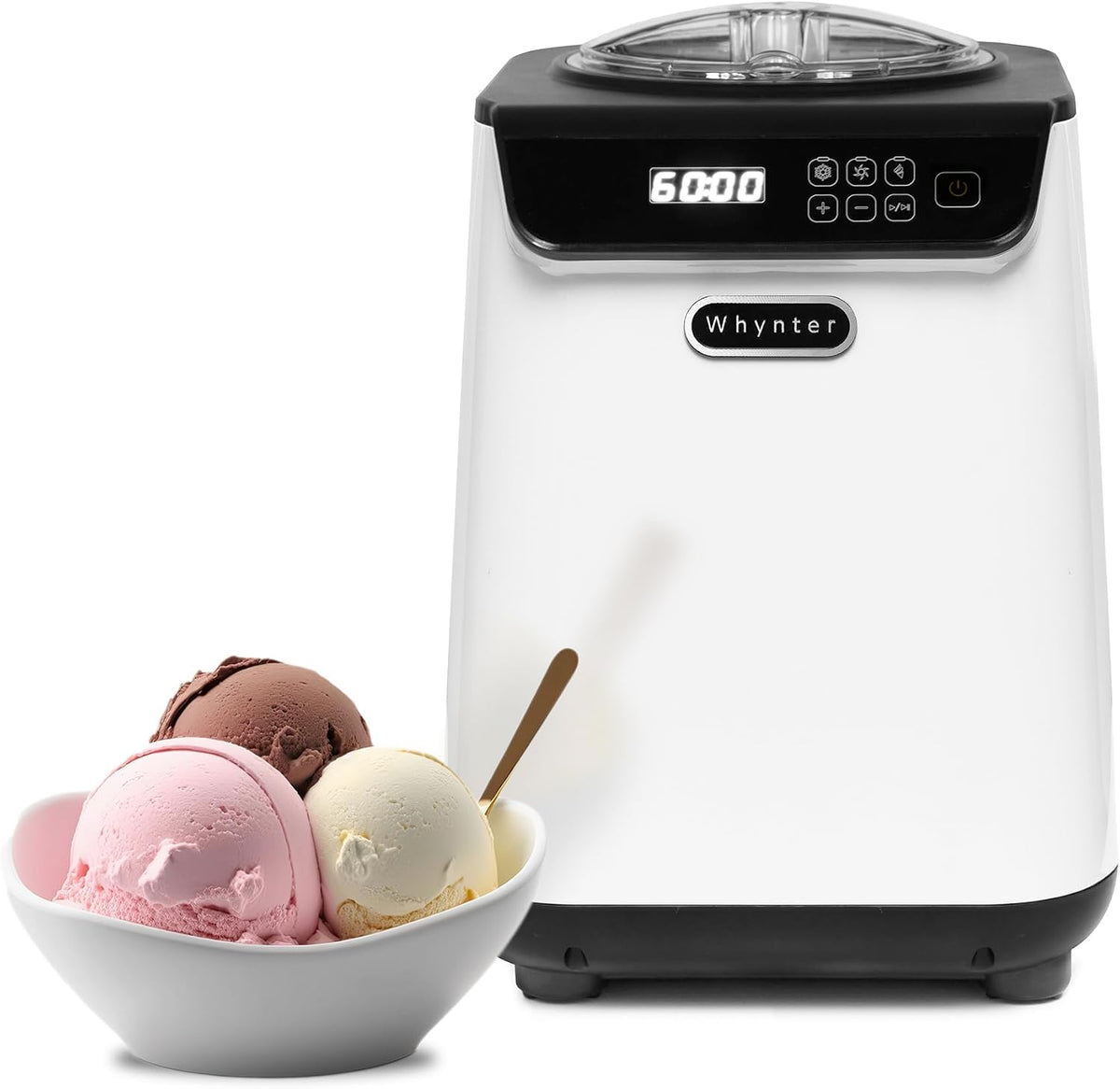 Whynter Ice Cream Maker with Compressor & Timer, 1.28 Qt, White, ICM-128WS | Built In Compressor, No Pre Freezing Needed, LCD Display and Timer, Fresh Homemade Frozen Treats, Trusted Whynter Quality