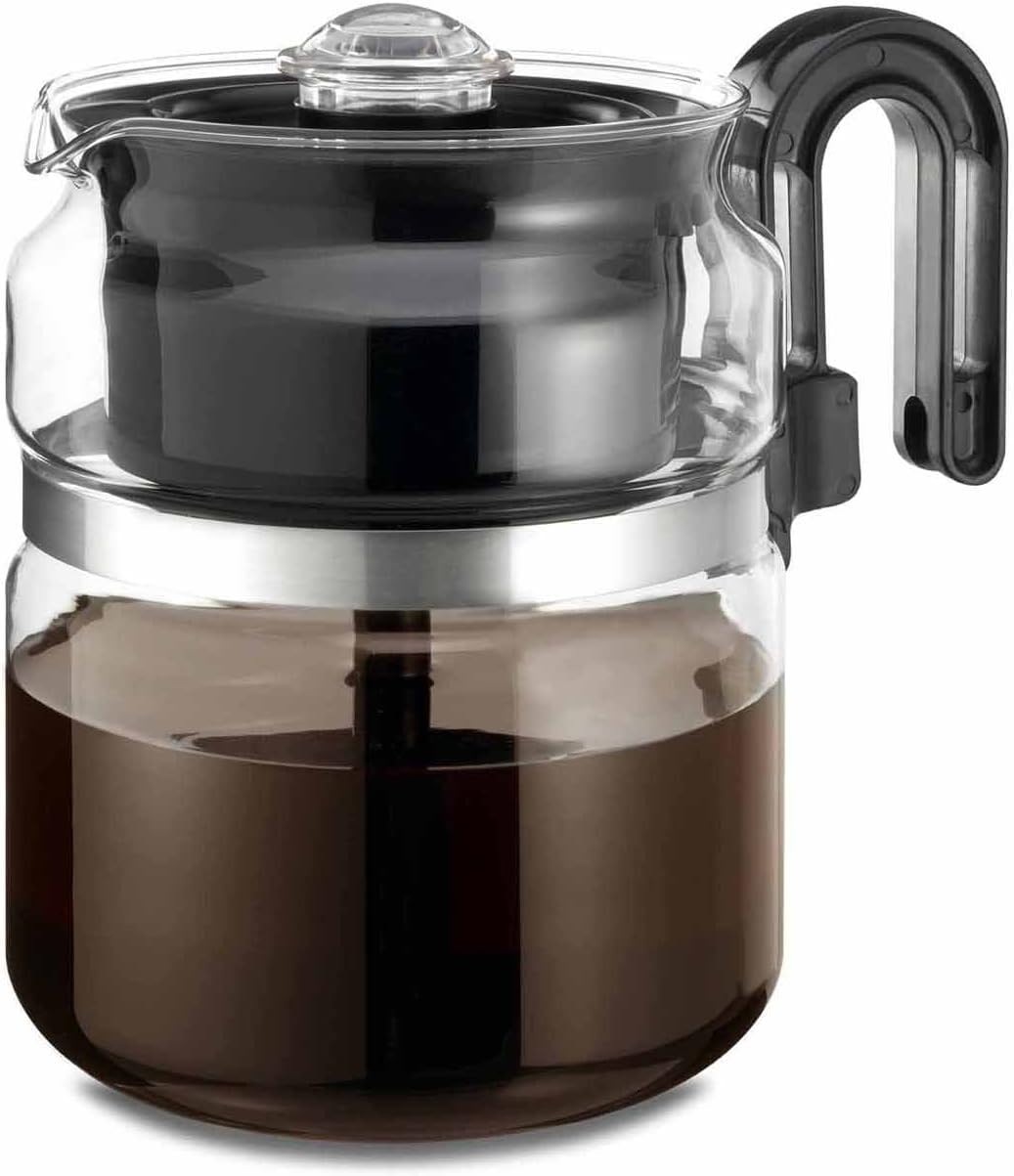 Café Brew Glass Coffee Percolator, Stovetop, 8 Cup, BPA-Free | 40 oz (8 cup) German borosilicate glass. Gas & electric stovetop safe. BPA-free. Includes heat diffuser.