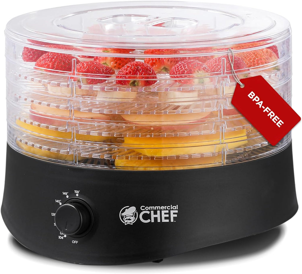 Commercial Chef Food Dehydrator, Five 9.25” BPA-Free Trays, CCD100W6, White | Dehydrates and Dries Meat, Fruit, Veggies and Jerky, 280W Dehydration Machine, Adjustable Thermostat