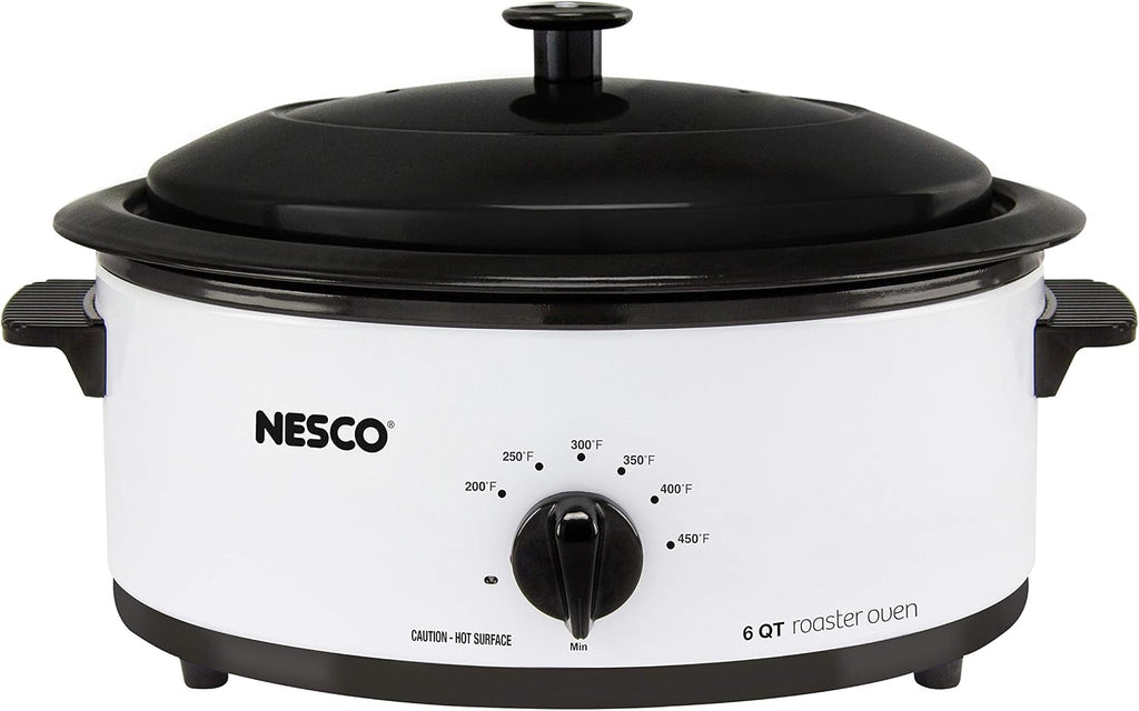 NESCO 4816‑14 Electric Roaster Oven for Everyday Home Cooking, White 6‑Quart Countertop Roaster with Porcelain Coated Steel Cookwell
