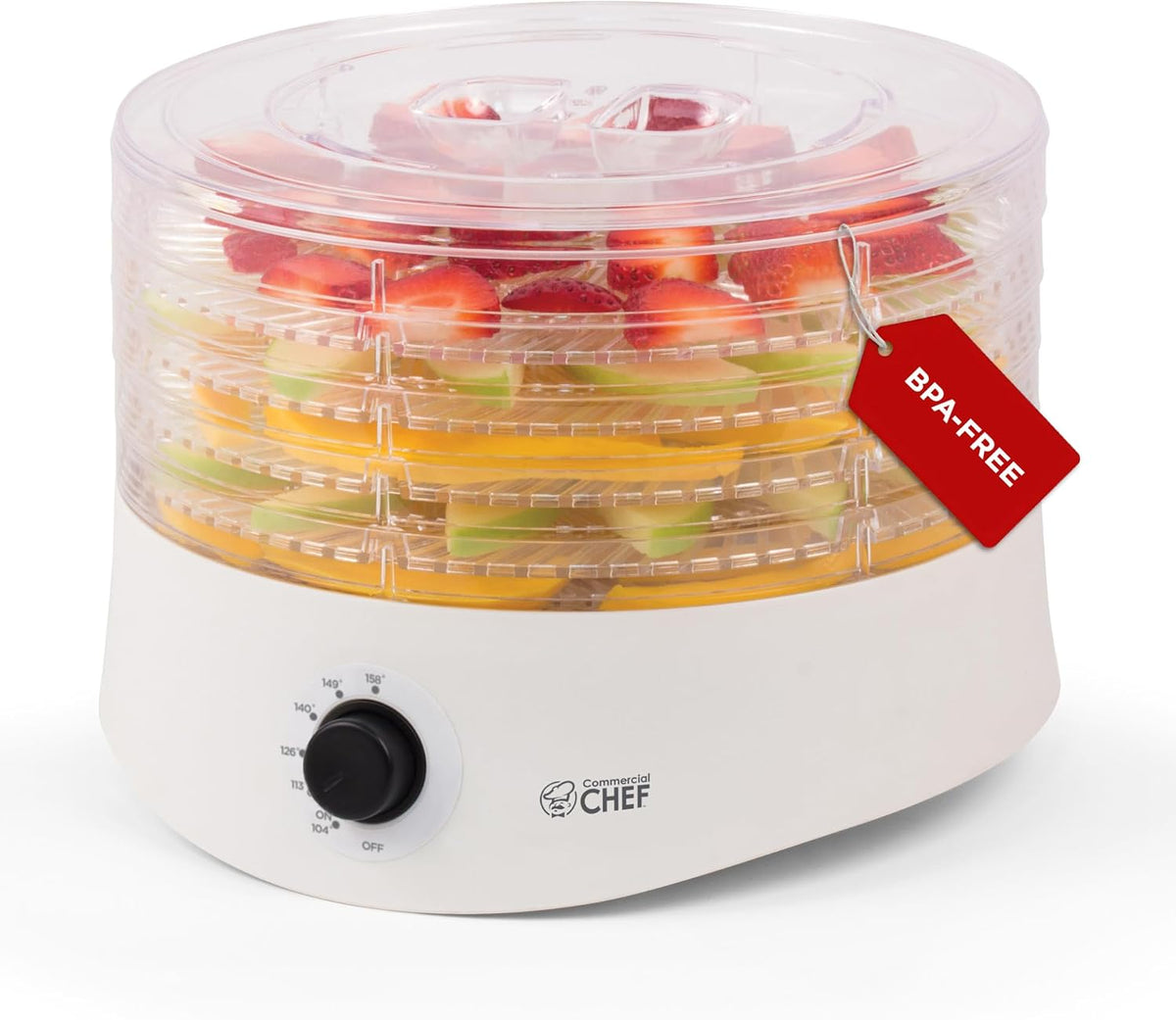 Commercial Chef Food Dehydrator, Five 9.25” BPA-Free Trays, CCD100W6, White | Dehydrates and Dries Meat, Fruit, Veggies and Jerky, 280W Dehydration Machine, Adjustable Thermostat