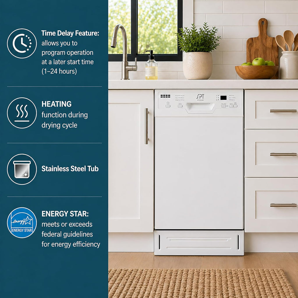 SPT SD-9254W Energy Star 18″ Built-In Dishwasher w/Heated Drying – White