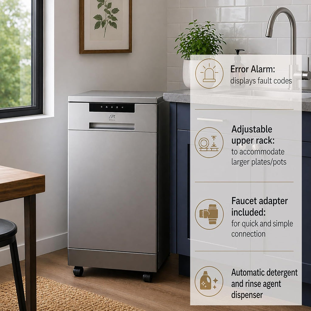 SPT SD-9263SSB 18″ Wide Portable Stainless Steel Dishwasher with ENERGY STAR, 6 Wash Programs, 8 Place Settings and Stainless Steel Tub