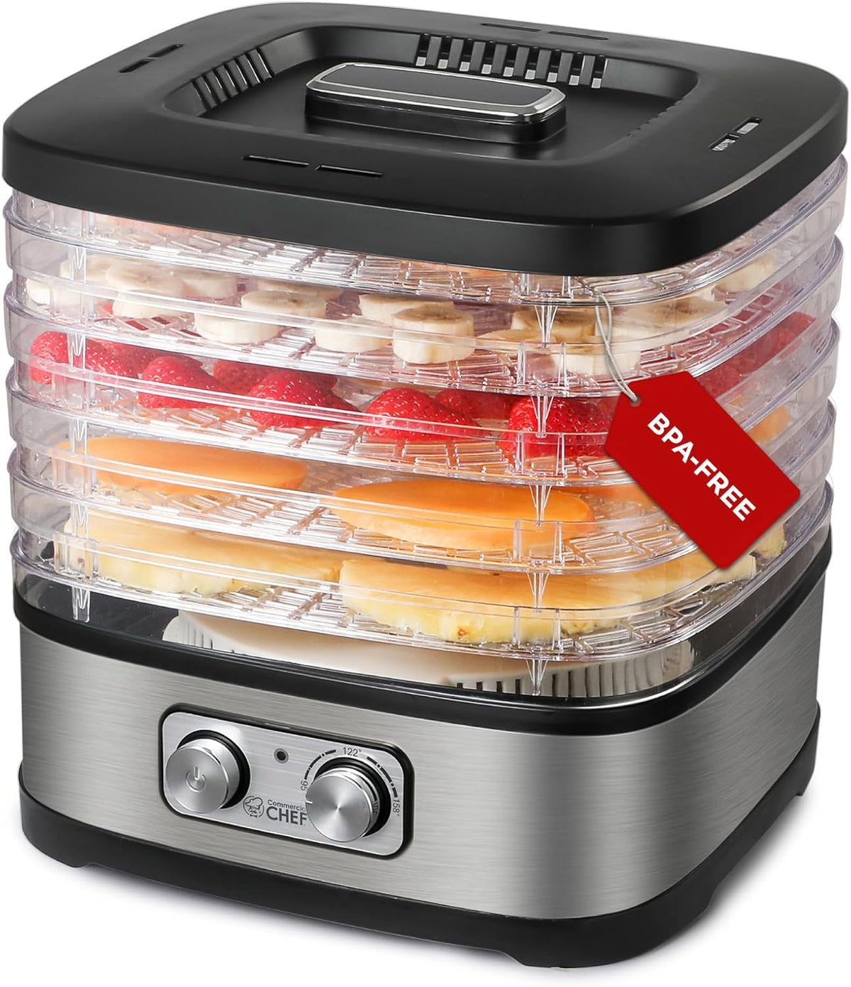 Commercial Chef Food Dehydrator, Five 9.25” BPA-Free Trays, CCD100W6, White | Dehydrates and Dries Meat, Fruit, Veggies and Jerky, 280W Dehydration Machine, Adjustable Thermostat