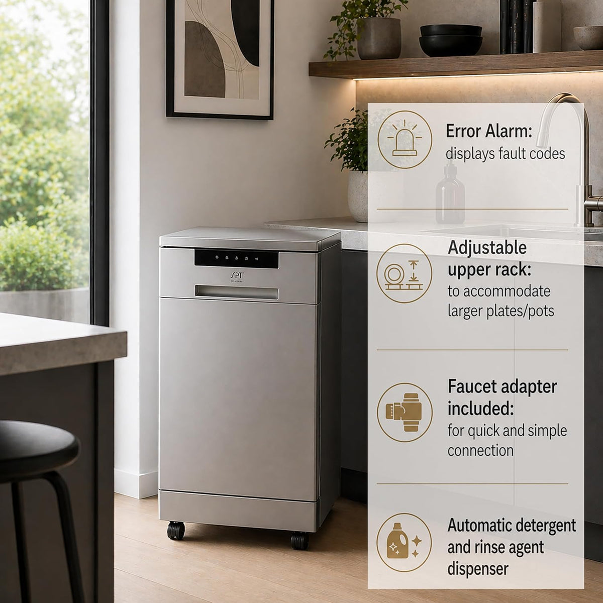 SPT SD-9263SSB 18″ Wide Portable Stainless Steel Dishwasher with ENERGY STAR, 6 Wash Programs, 8 Place Settings and Stainless Steel Tub