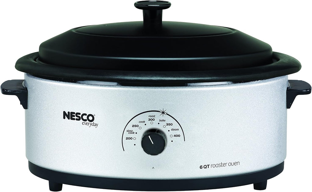 NESCO 4816‑14 Electric Roaster Oven for Everyday Home Cooking, White 6‑Quart Countertop Roaster with Porcelain Coated Steel Cookwell