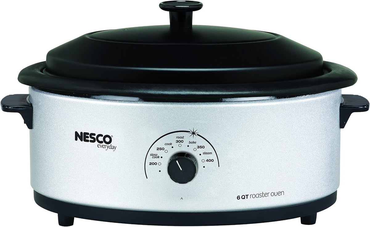 NESCO 4816‑14 Electric Roaster Oven for Everyday Home Cooking, White 6‑Quart Countertop Roaster with Porcelain Coated Steel Cookwell