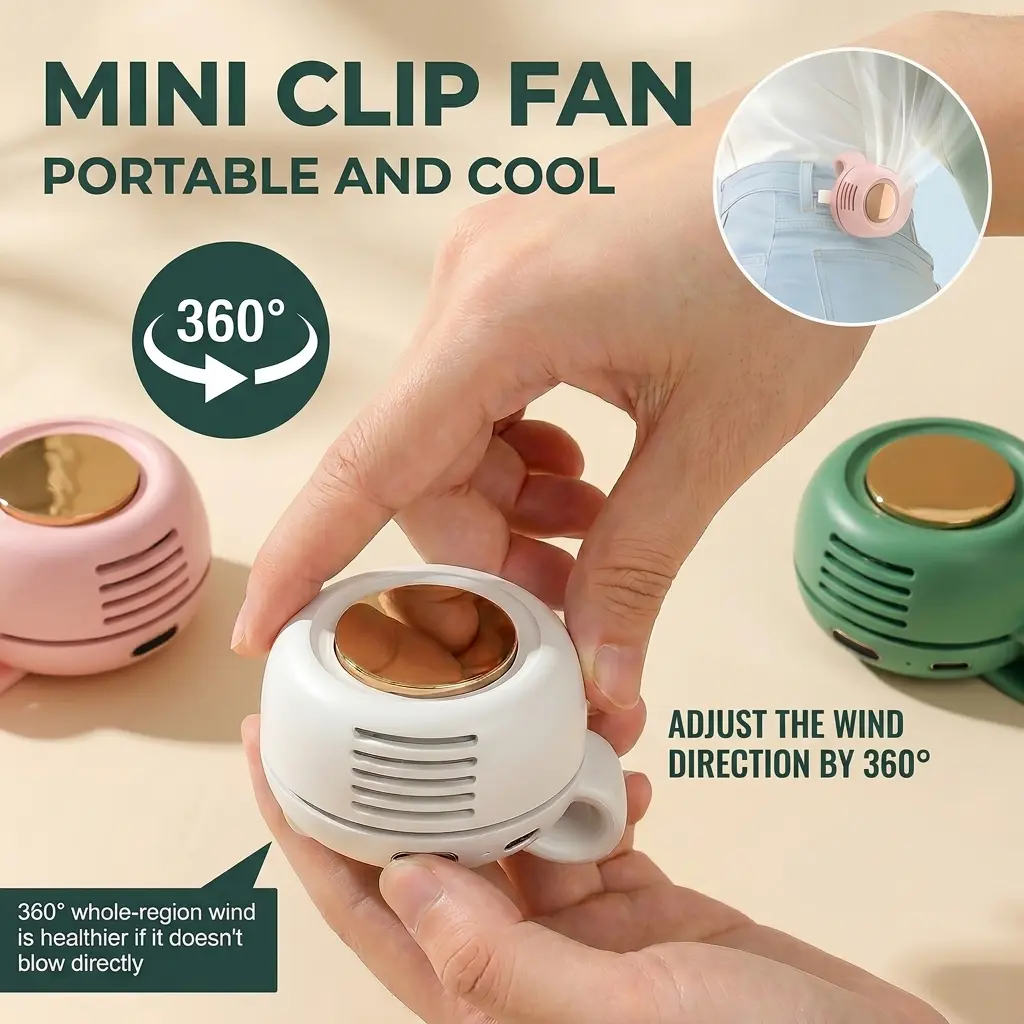 Mini Bladeless Fan. Portable, rechargeable, and silent. Features 3 adjustable speeds, a rotating body, and versatile use as a handheld, waist-mounted, or phone cooling fan. Ideal for outdoor travel,Perfect Gift
