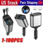 Retractable Car Charger 4 in 1 Fast Car Phone Charger 120W With USB Type C LOT