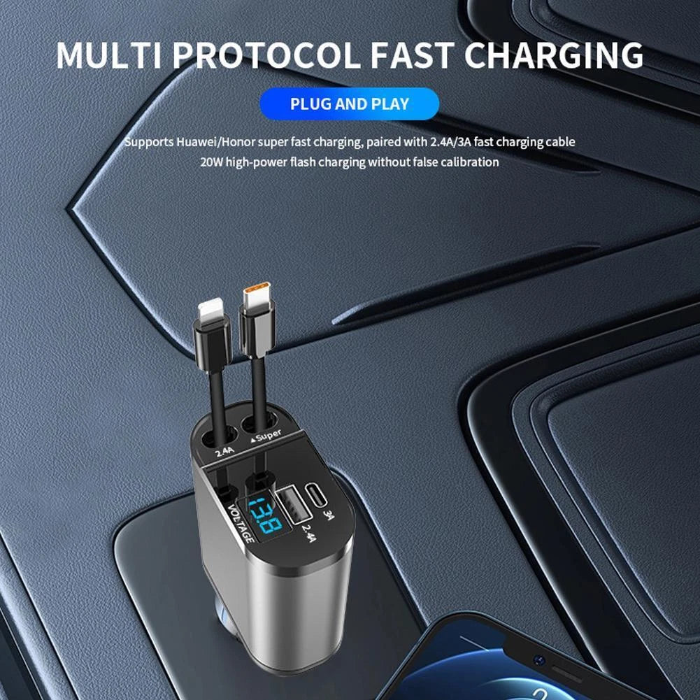 Retractable Car Charger 4 in 1 Fast Car Phone Charger 120W With USB Type C LOT