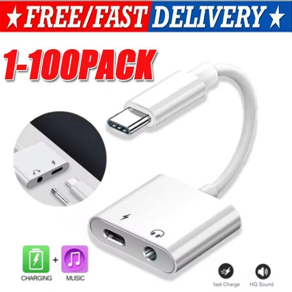 2in1 Charger and Headphone USB Type C to 3.5mm Aux Audio Cable Cord Adapter Lot