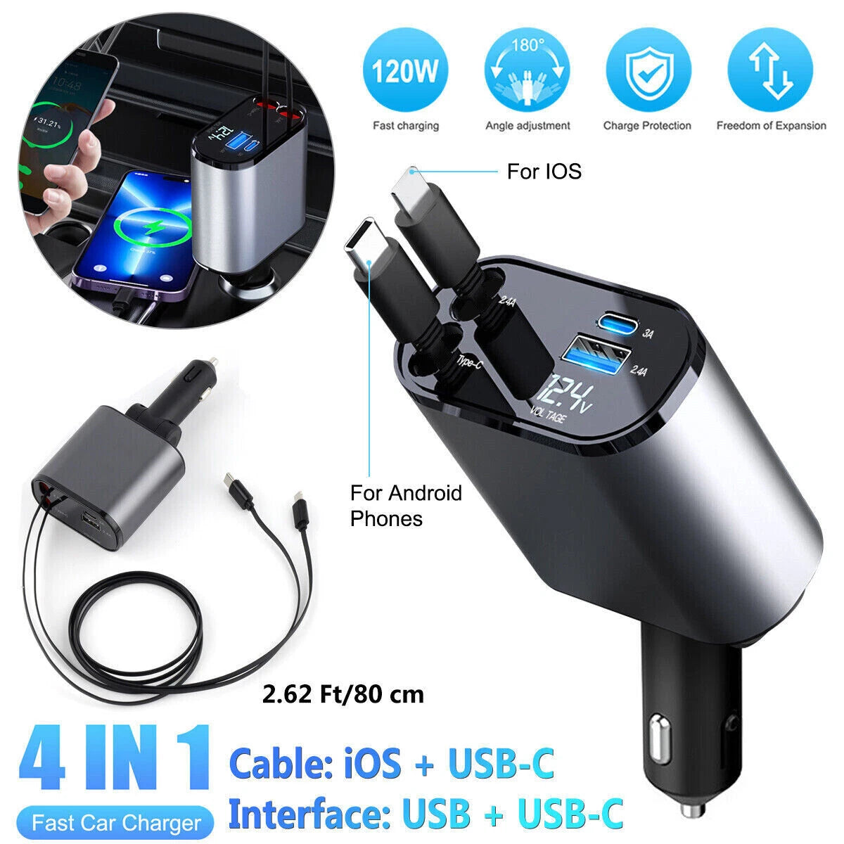 Retractable Car Charger 4 in 1 Fast Car Phone Charger 120W With USB Type C LOT