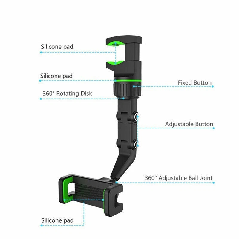 360°Car Rearview Mirror Rotation Adjustable Phone Holder Mount Multifunction LOT