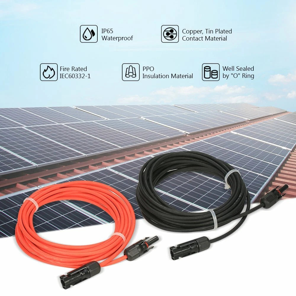 Black+Red 10 AWG Solar Panel Extension Cable Silicone Flexible Wire Connectors