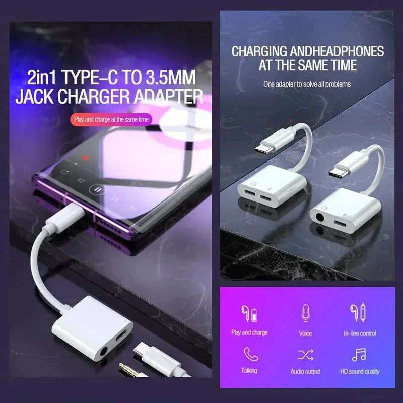 2in1 Charger and Headphone USB Type C to 3.5mm Aux Audio Cable Cord Adapter Lot