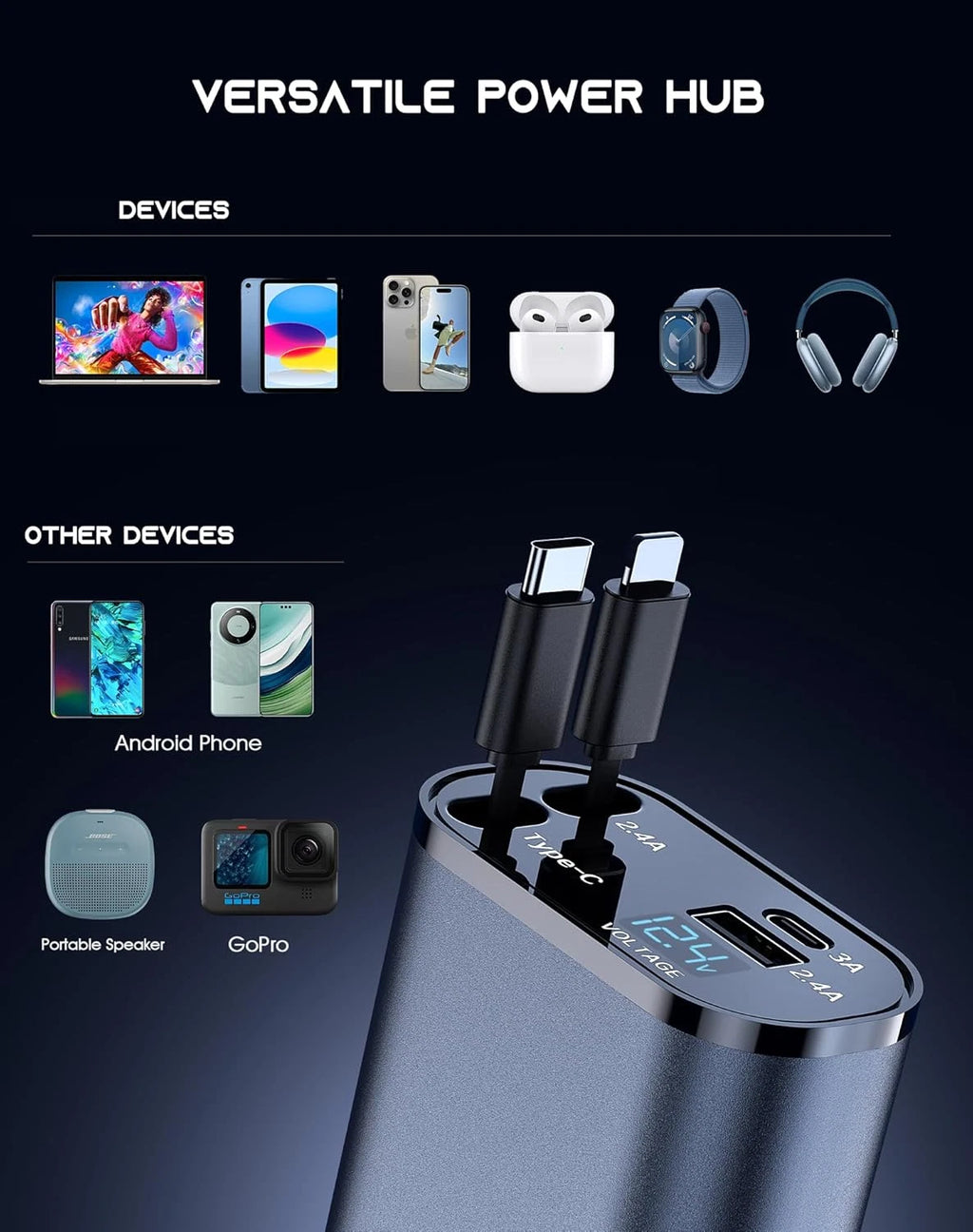 Retractable Car Charger 4 in 1 Fast Car Phone Charger 120W With USB Type C LOT
