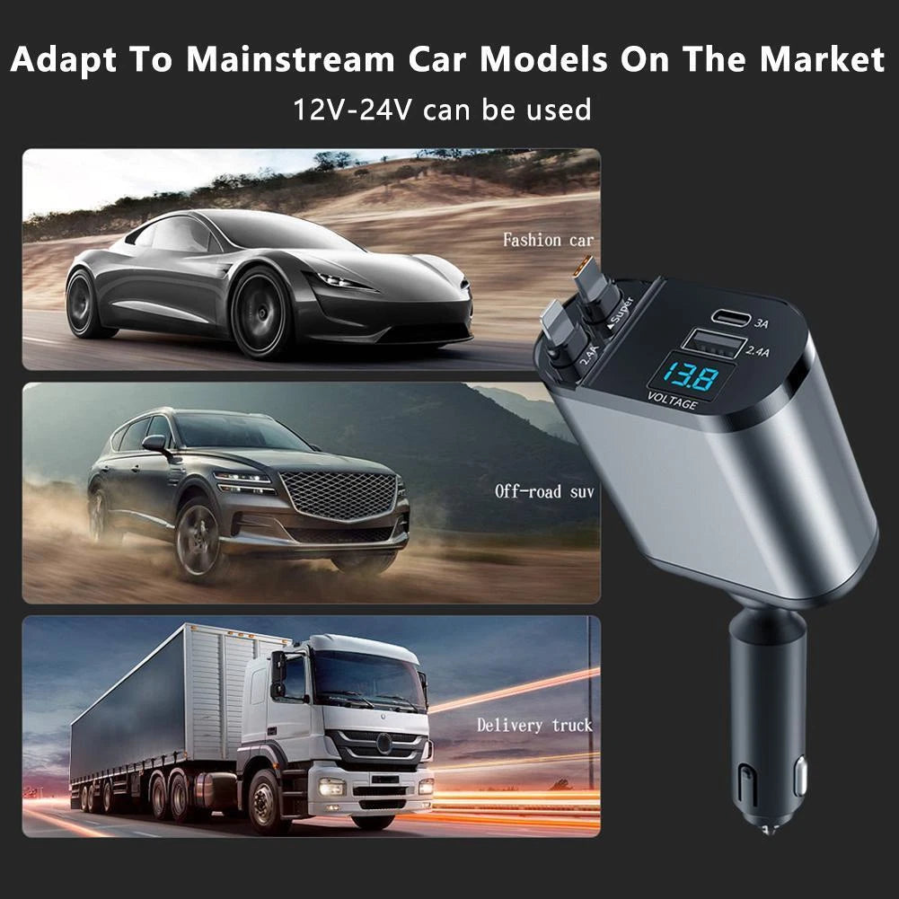 Retractable Car Charger 4 in 1 Fast Car Phone Charger 120W With USB Type C LOT