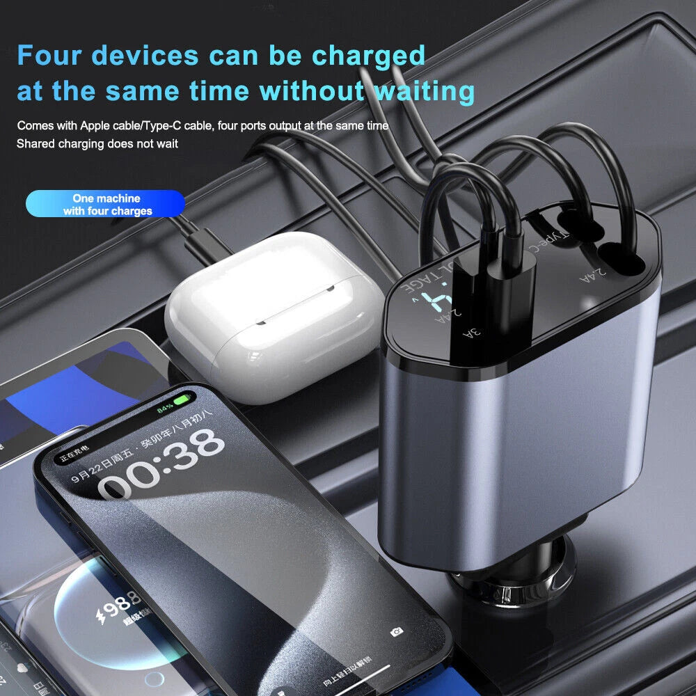 Retractable Car Charger 4 in 1 Fast Car Phone Charger 120W With USB Type C LOT