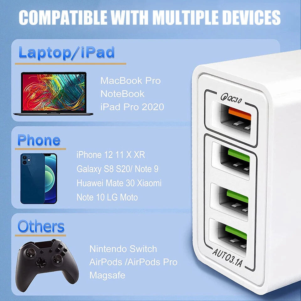 US 4 Port Fast Quick Charge QC 3.0 USB Hub Wall Home Charger Power Adapter Lot