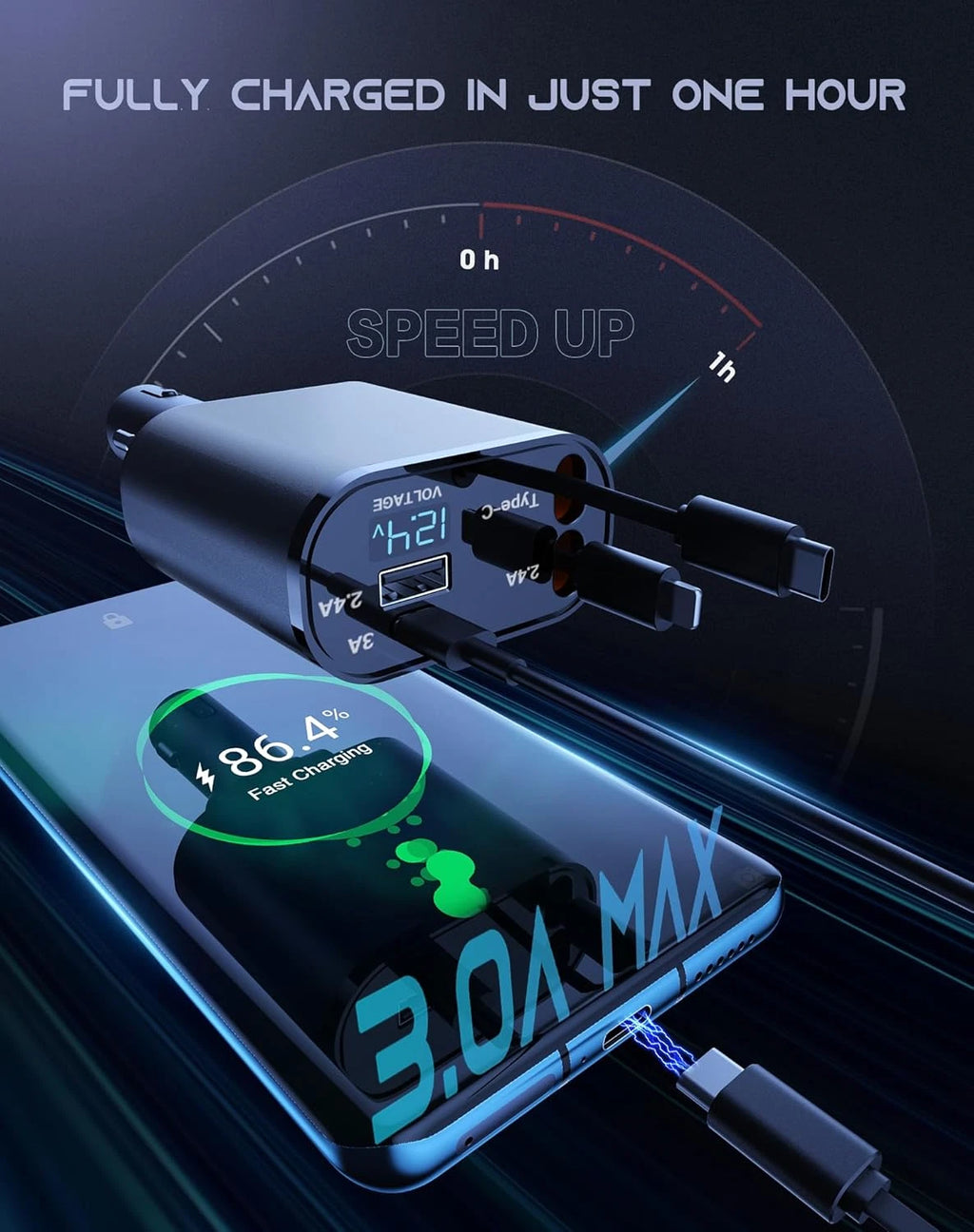 Retractable Car Charger 4 in 1 Fast Car Phone Charger 120W With USB Type C LOT