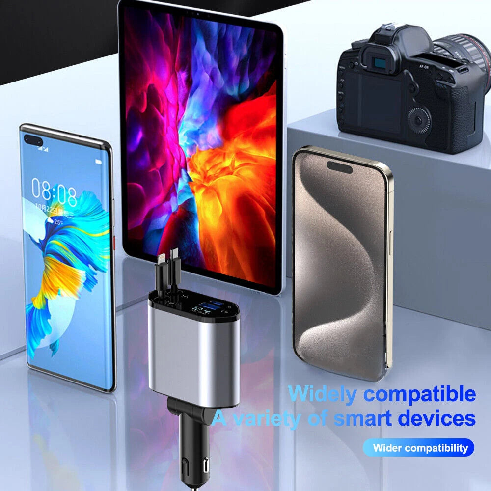 Retractable Car Charger 4 in 1 Fast Car Phone Charger 120W With USB Type C LOT