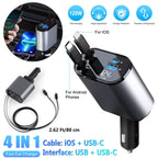 Retractable Car Charger 4 in 1 Fast Car Phone Charger 120W With USB Type C LOT