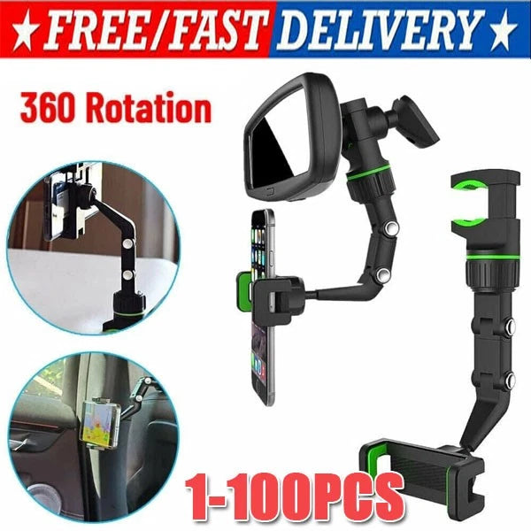 360°Car Rearview Mirror Rotation Adjustable Phone Holder Mount Multifunction LOT