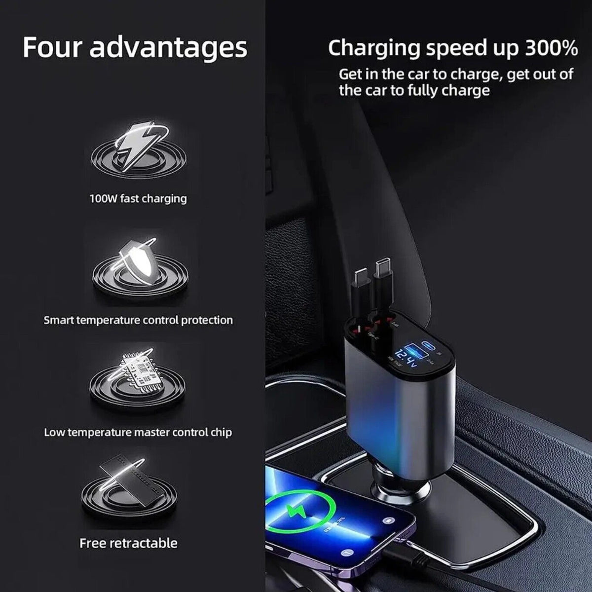 Retractable Car Charger 4 in 1 Fast Car Phone Charger 120W With USB Type C LOT