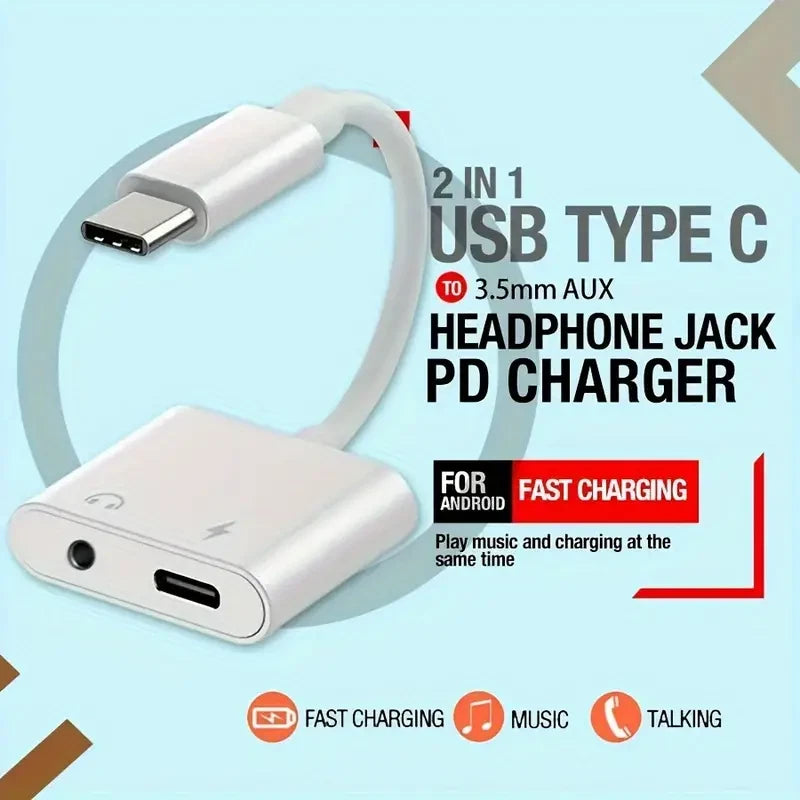 2in1 Charger and Headphone USB Type C to 3.5mm Aux Audio Cable Cord Adapter Lot
