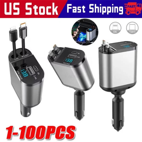 Retractable Car Charger 4 in 1 Fast Car Phone Charger 120W With USB Type C LOT
