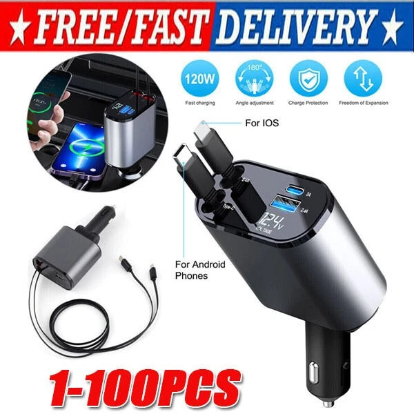 Retractable Car Charger 4 in 1 Fast Car Phone Charger 120W With USB Type C LOT