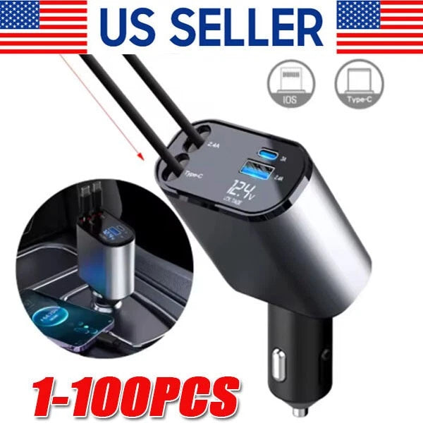 Retractable Car Charger 4 in 1 Fast Car Phone Charger 120W With USB Type C LOT