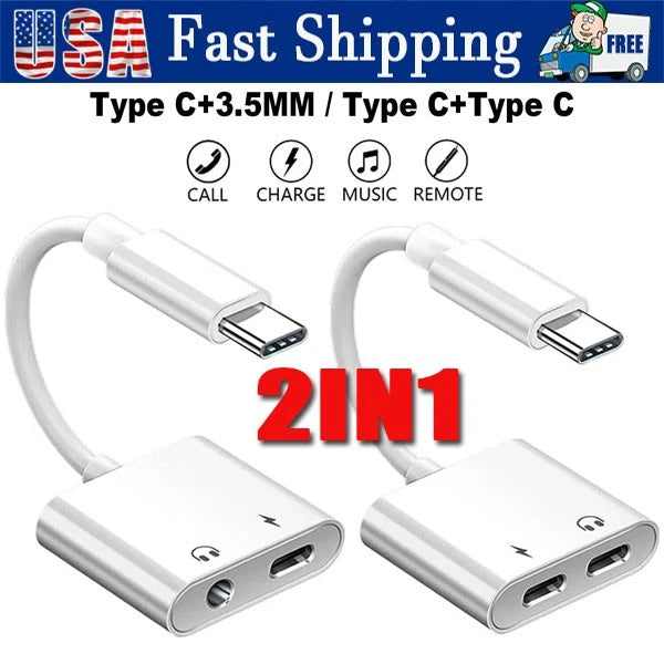 2in1 Charger and Headphone USB Type C to 3.5mm Aux Audio Cable Cord Adapter Lot