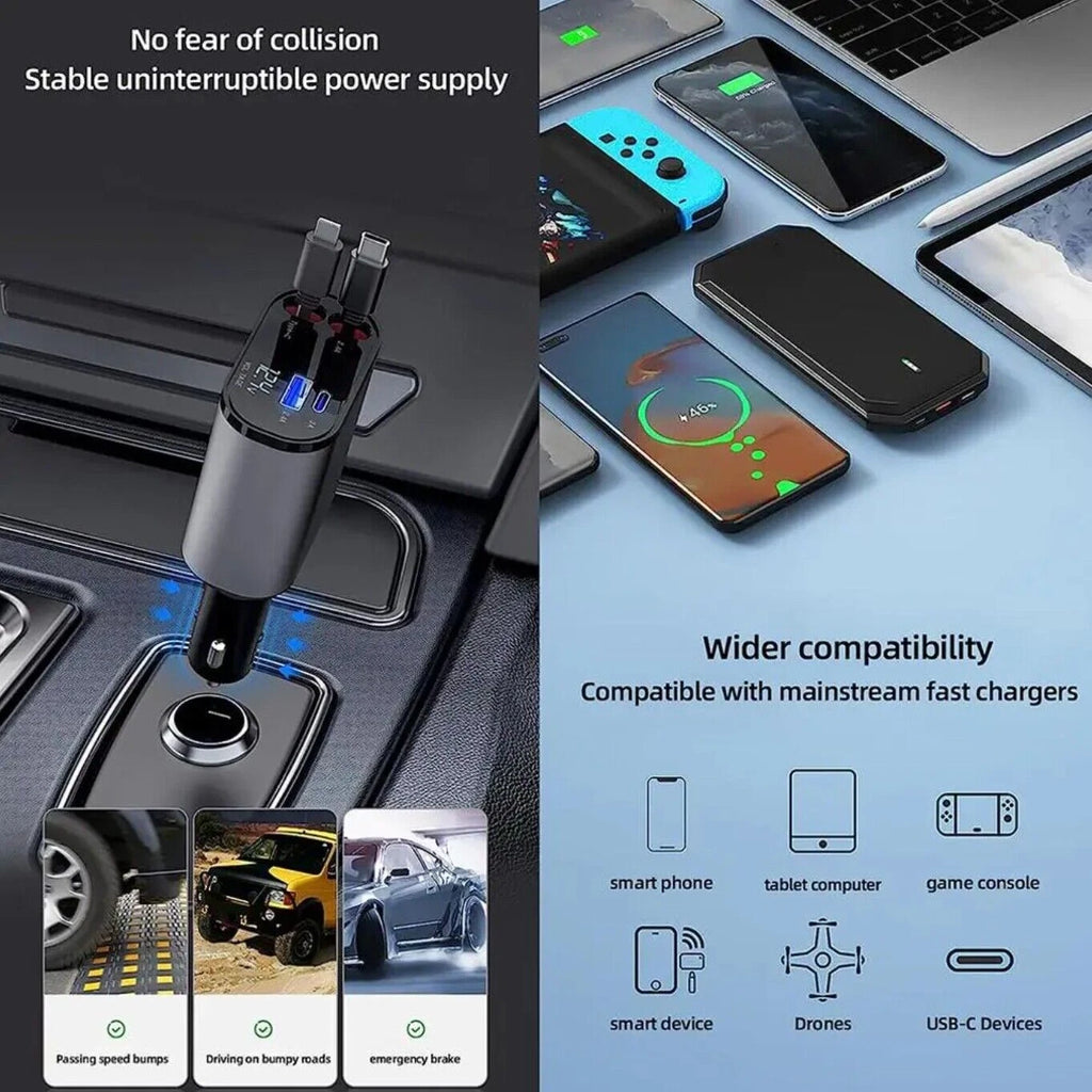 Retractable Car Charger 4 in 1 Fast Car Phone Charger 120W With USB Type C LOT