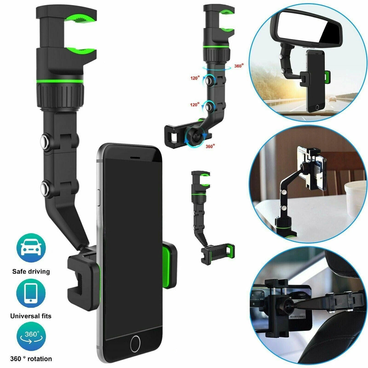 360°Car Rearview Mirror Rotation Adjustable Phone Holder Mount Multifunction LOT